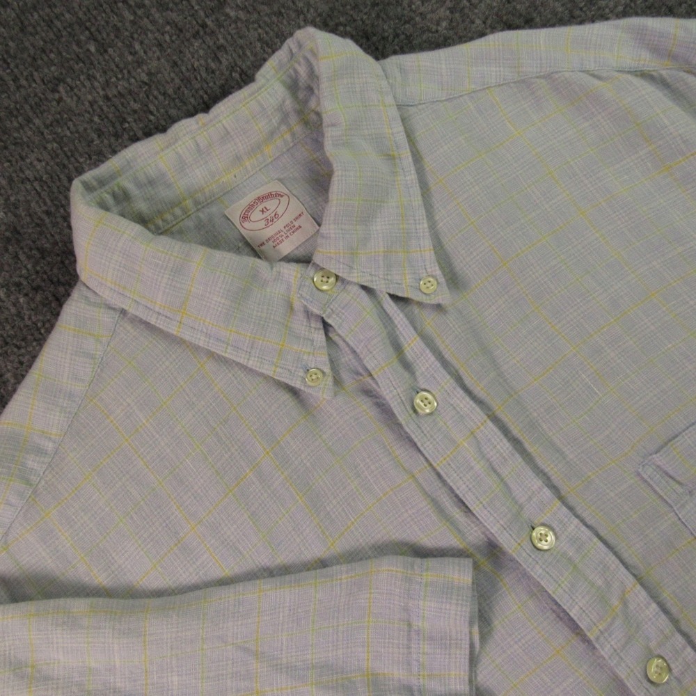 Brooks Brothers 346 Shirt Mens XL Blue Yellow Plaid 100% Linen Short Sleeve